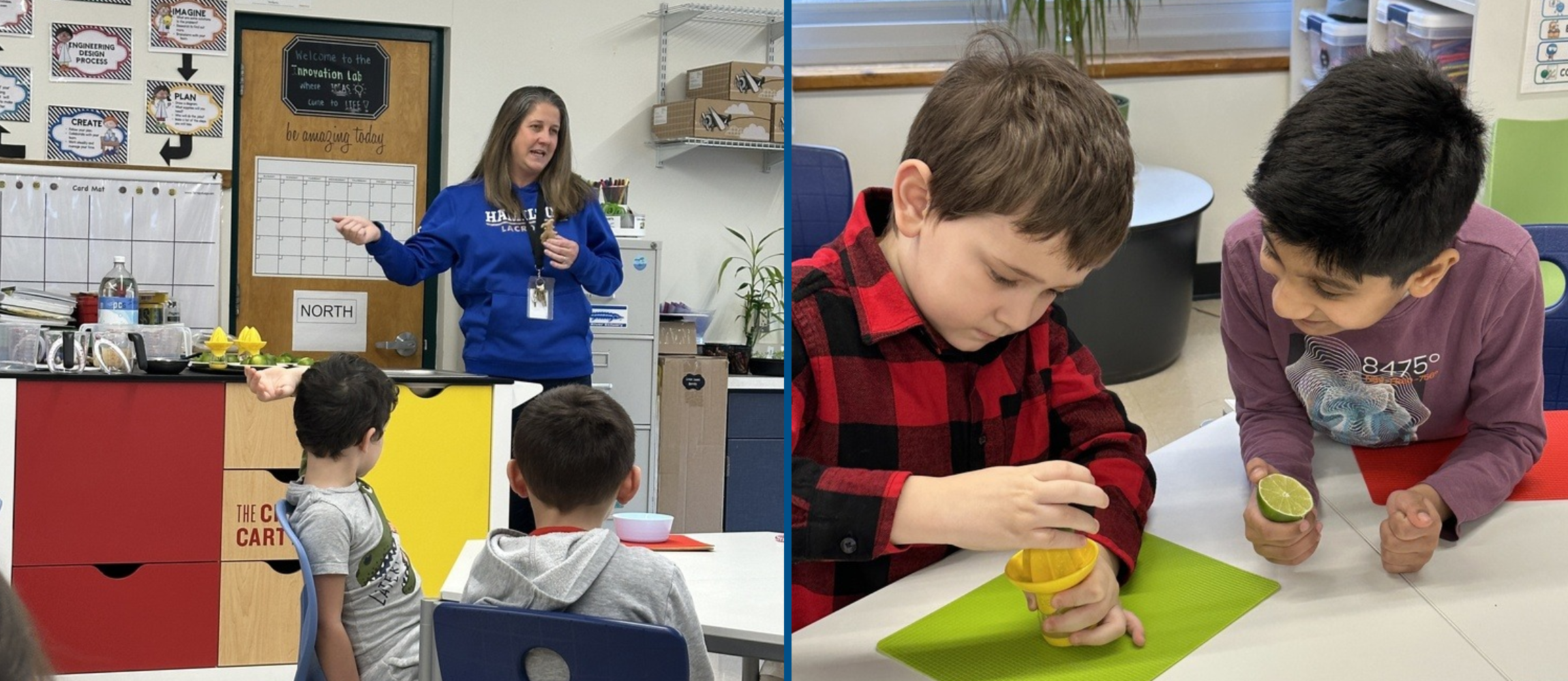 Teacher showing charlie cart and two second graders holding limes 