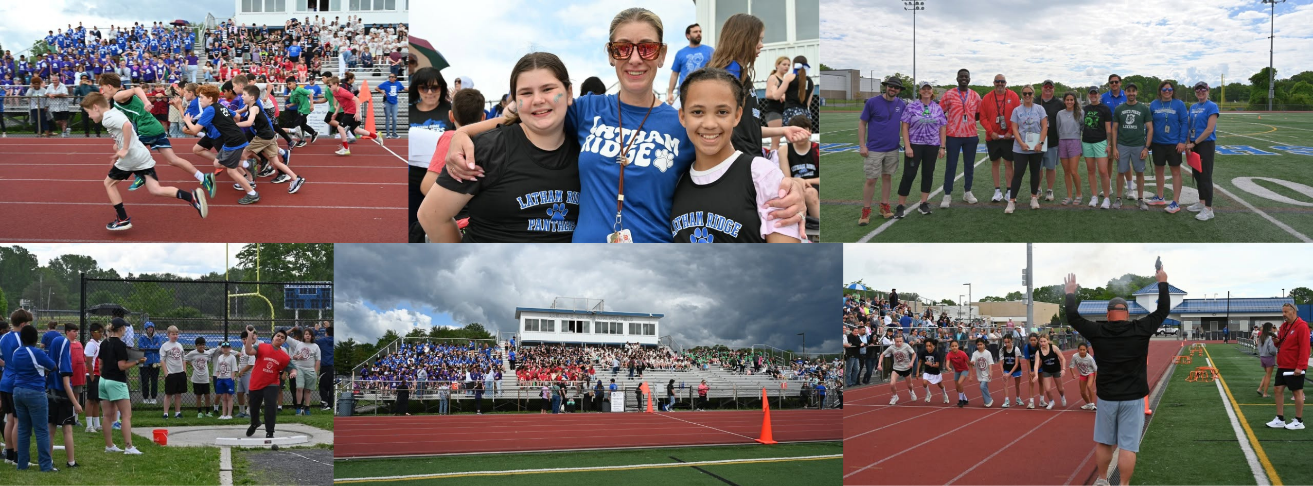 Images of students participating in various track and field activities during a meet.
