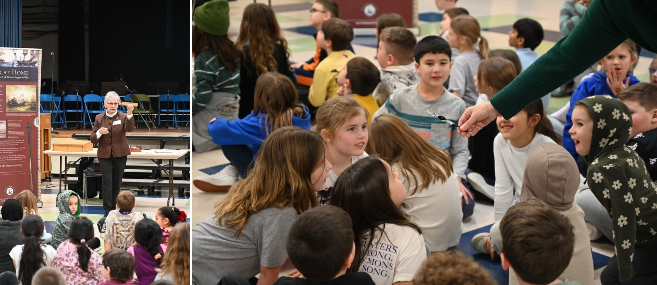 Speaker showing students a pen 