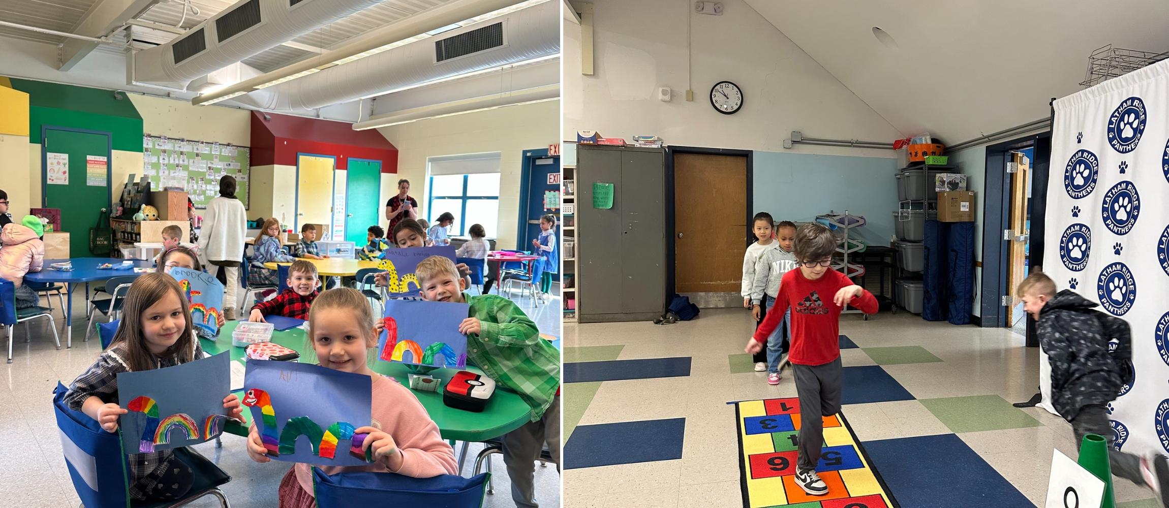 Students smiling with art work and student playing game 