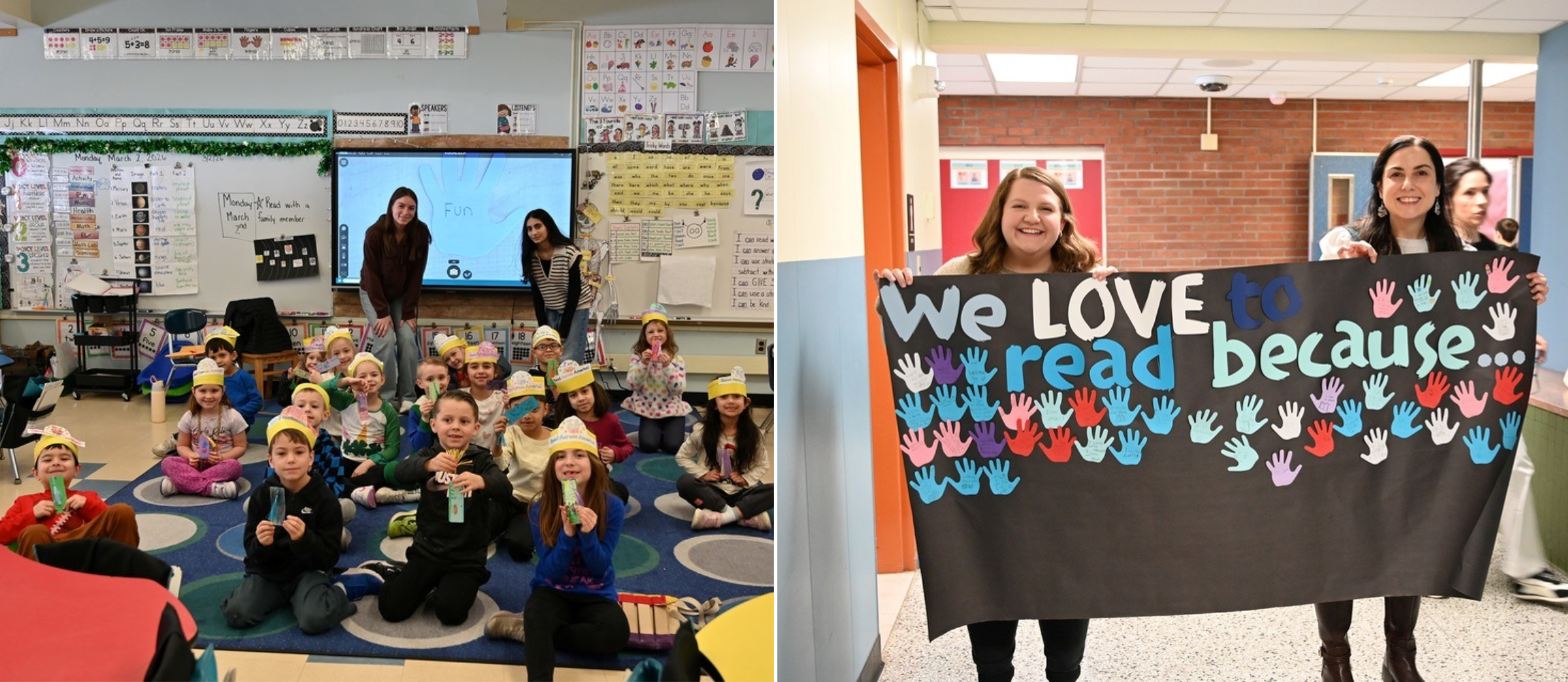 Class picture and two teachers holding up sign