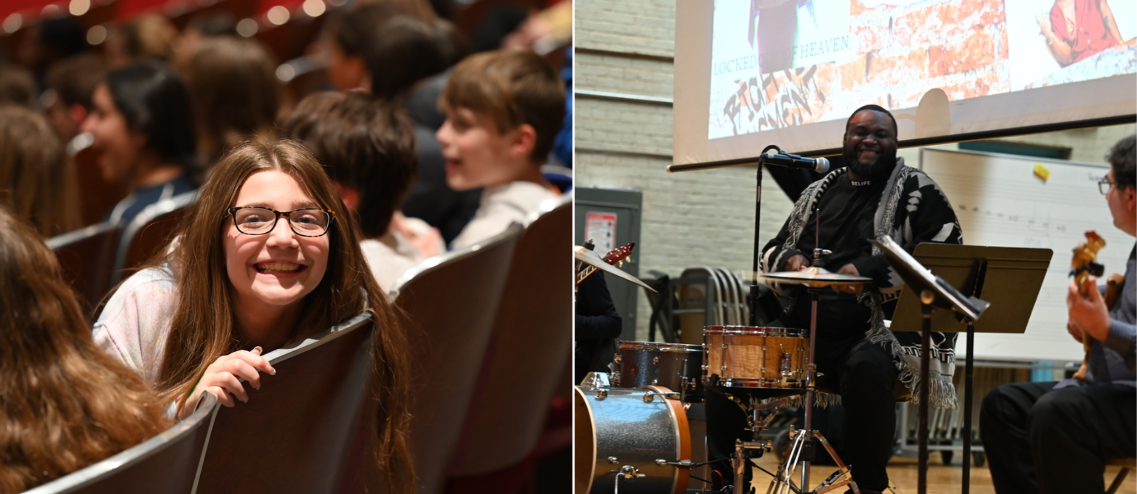 Girl smiling in stands and artist from blues and beyond performing 
