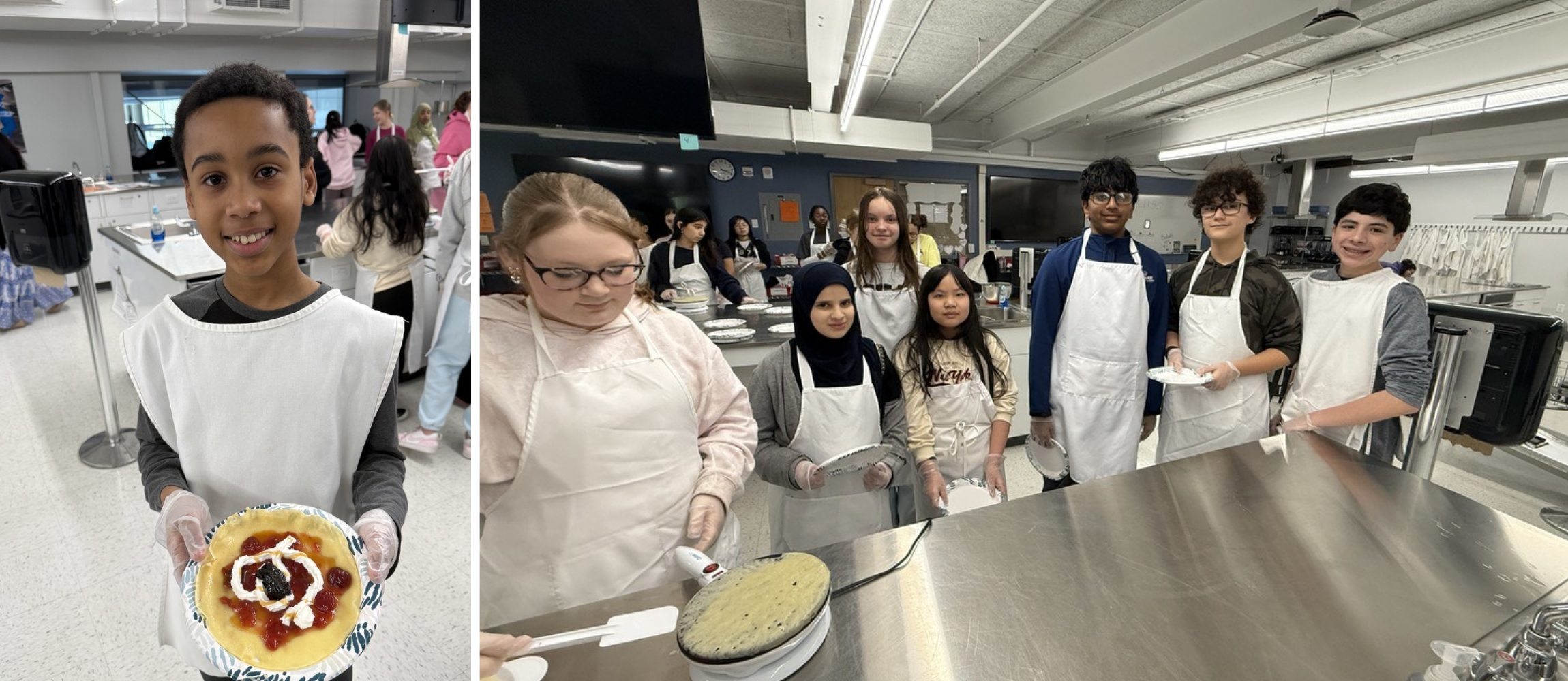 Student smiling with crepe and group of students smiling 