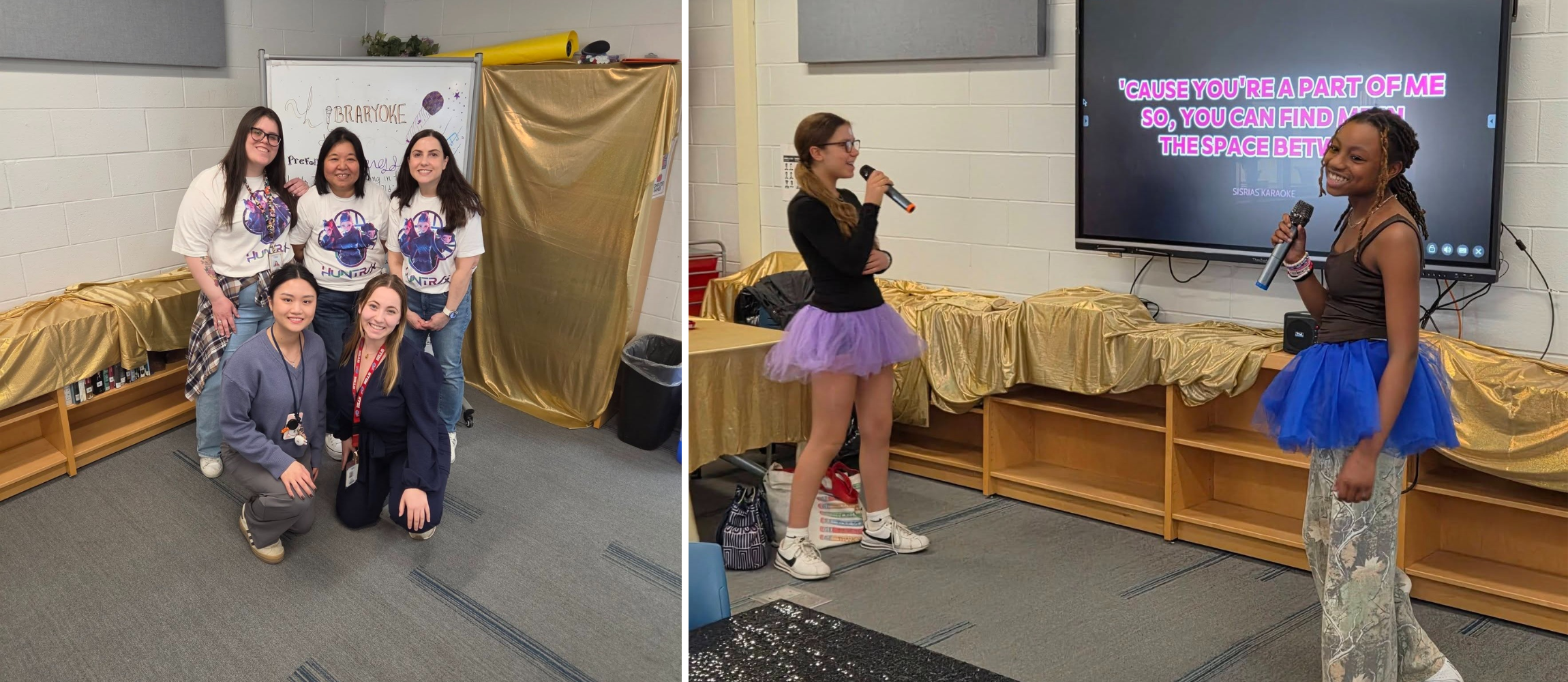 Shaker Middle school teachers in a group photo and two students  singing 