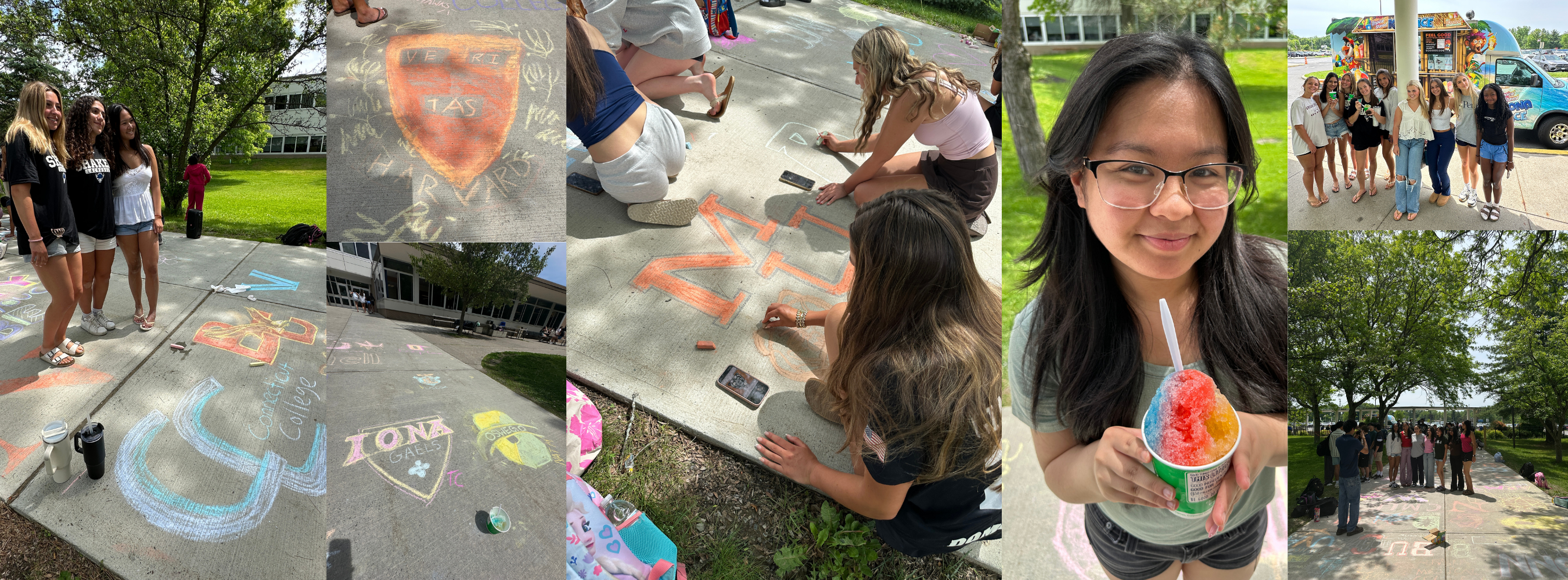 Images of students drawing with chalk on a sidewalk.