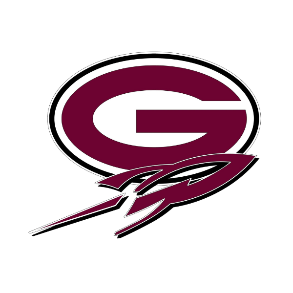 Gardendale High School Logo, Large G with a rocket at the bottom. Burgundy and black in color. 