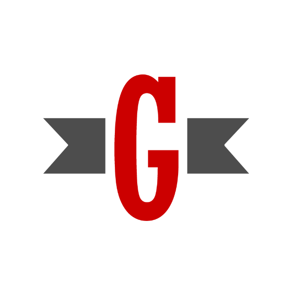 Grantswood Community School Logo, Red G with gray flags on either side