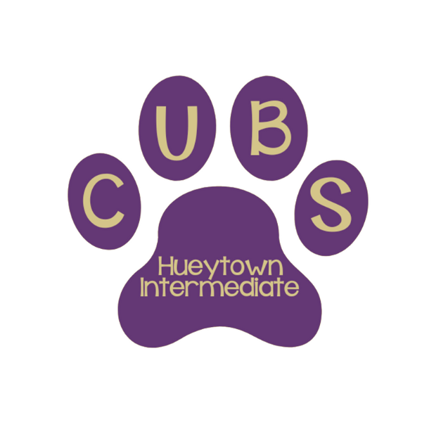 Hueytown Intermediate School Logo, purple paw print, CUBS is spelled out on the paw tips, and Hueytown Intermediate is spelled out in the center of the paw. The letters are in a gold color. 