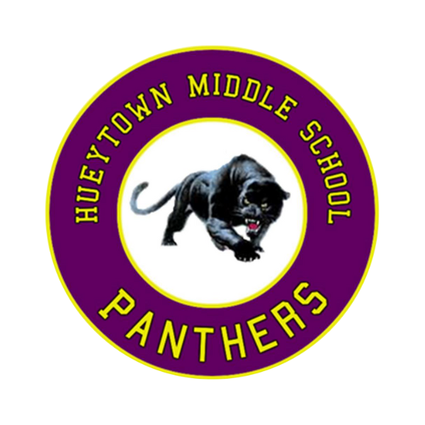 Hueytown Middle School Panthers Logo, purple and yellow with grey panther in the middle