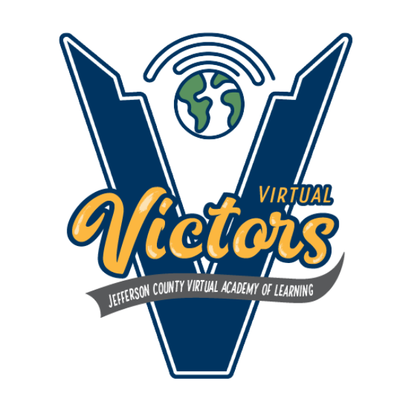 Jefferson County Virtual Academy of Learning Logo, Virtual Victors, Large "V" with globe and signal 