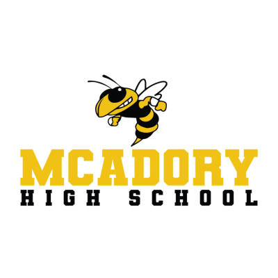 McAdory High School Logo, Yellow and black text with a grinning yellow jacket above