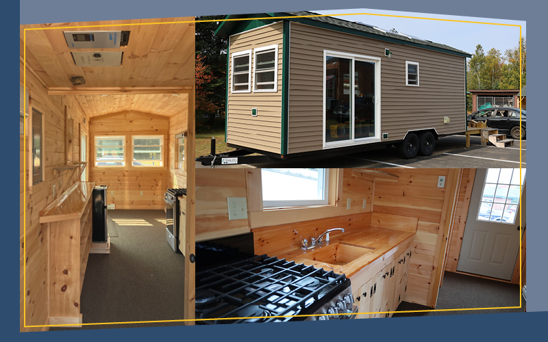 Three photos of the tiny house laid out in a collage