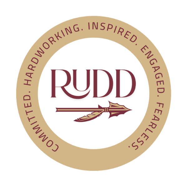 Rudd Middle School Logo, Committed. Hardworking. Inspired. Engaged. Fearless. Colors of crimson and gold.