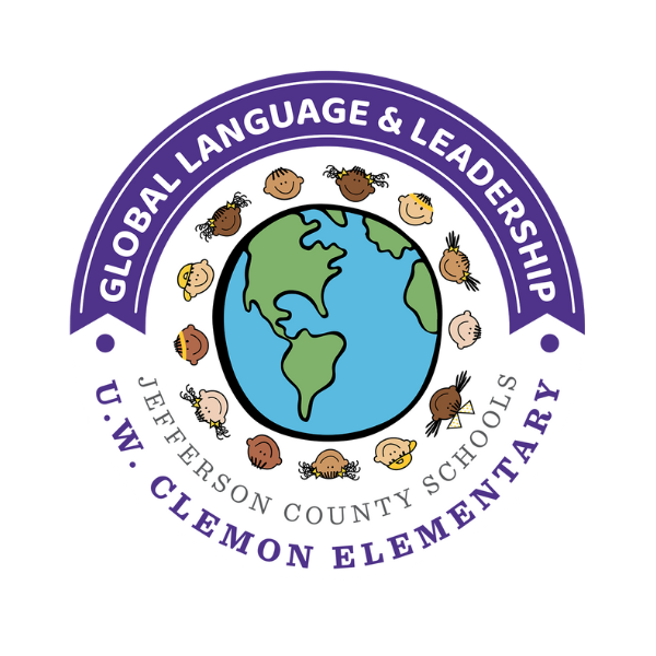 U.W. Clemon Elementary Logo, Global Language and Leadership, Jefferson County Schools. In the center is a drawing of the earth, surrounded by children of different ethnicities.