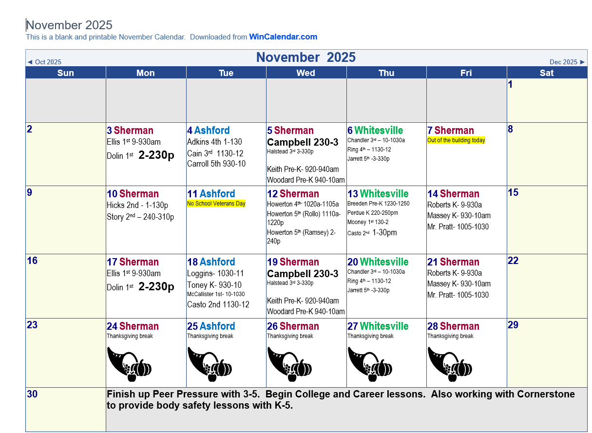 November School Counseling Calendar