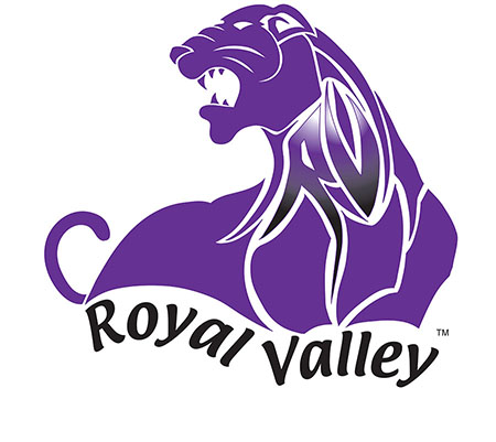 Royal Valley school logo of a roaring lion in purple