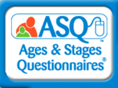Ages and Stages Questionnaires logo in blue text on white, with a stylized parent looking over a childs shoulders