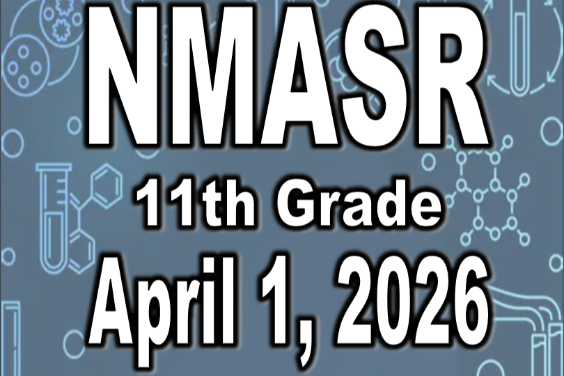 A blue poster with white text announces an 11th-grade mandatory test on April 1, 2026, and stresses its importance for graduation.