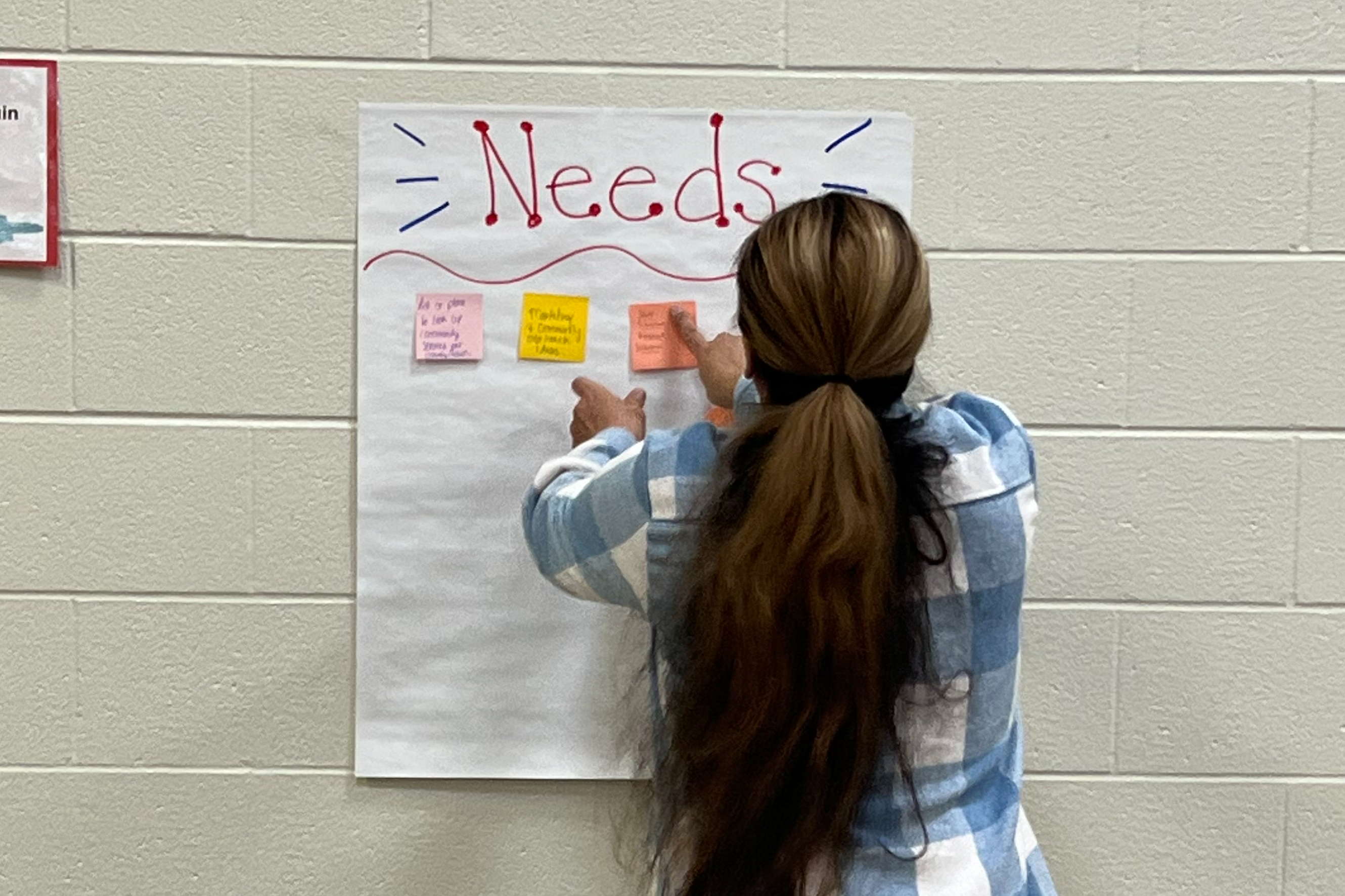 Preschool teacher posting a sticky note on chart paper. The chart paper reads "needs'. 