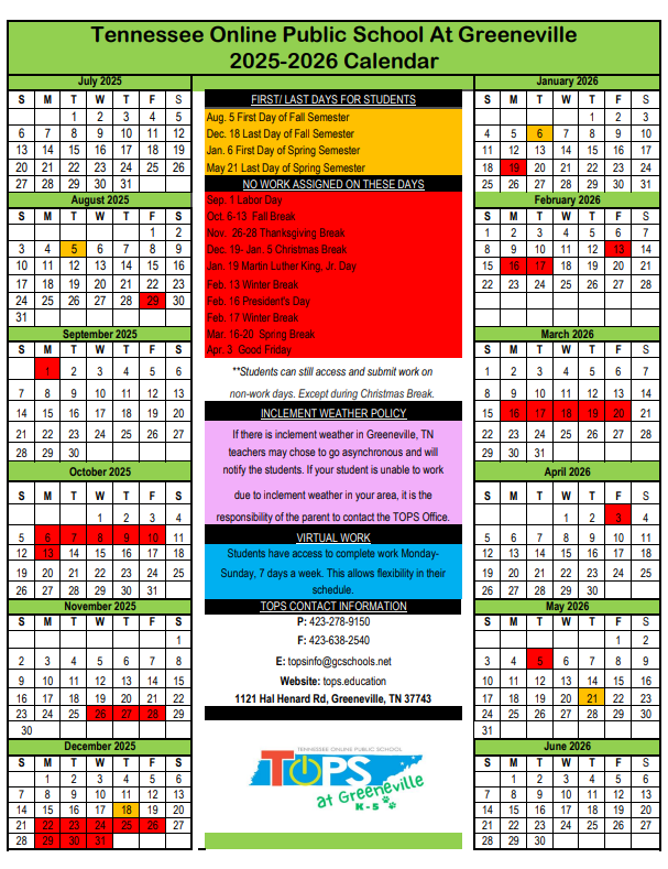 2025-2026 TOPS School Calendar
