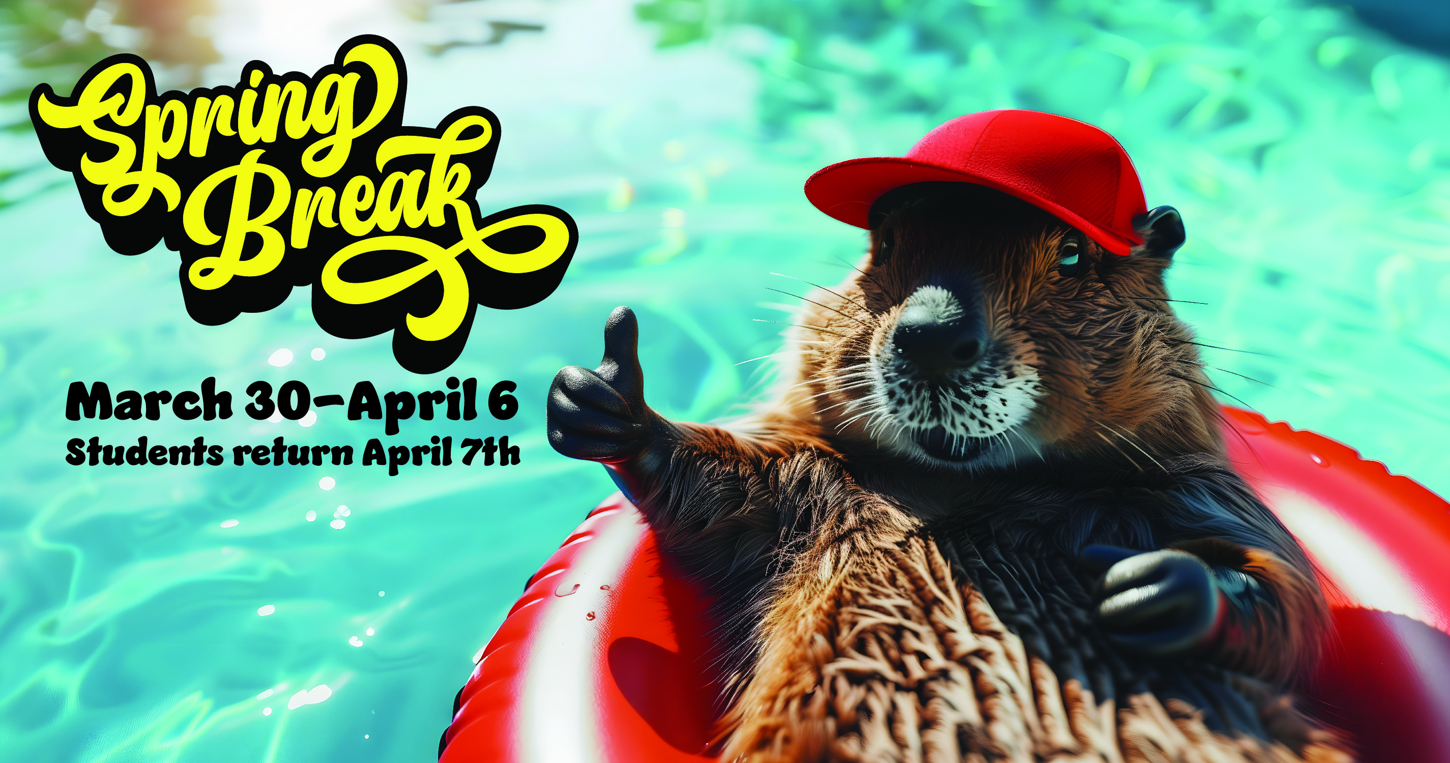 Beaver giving thumbs up in a swimming pool - Spring Break!