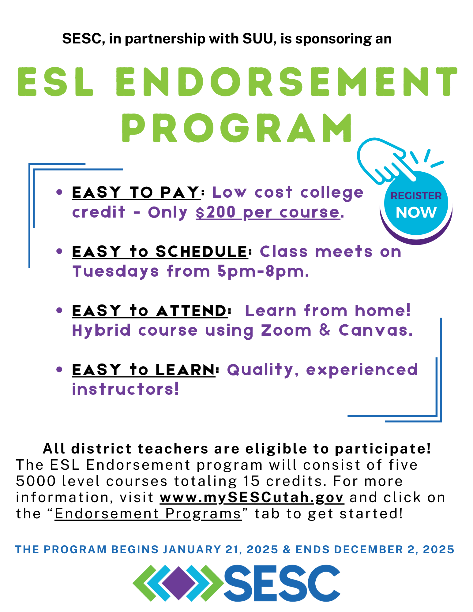 SESC ESL Endorsement Program enrollment information