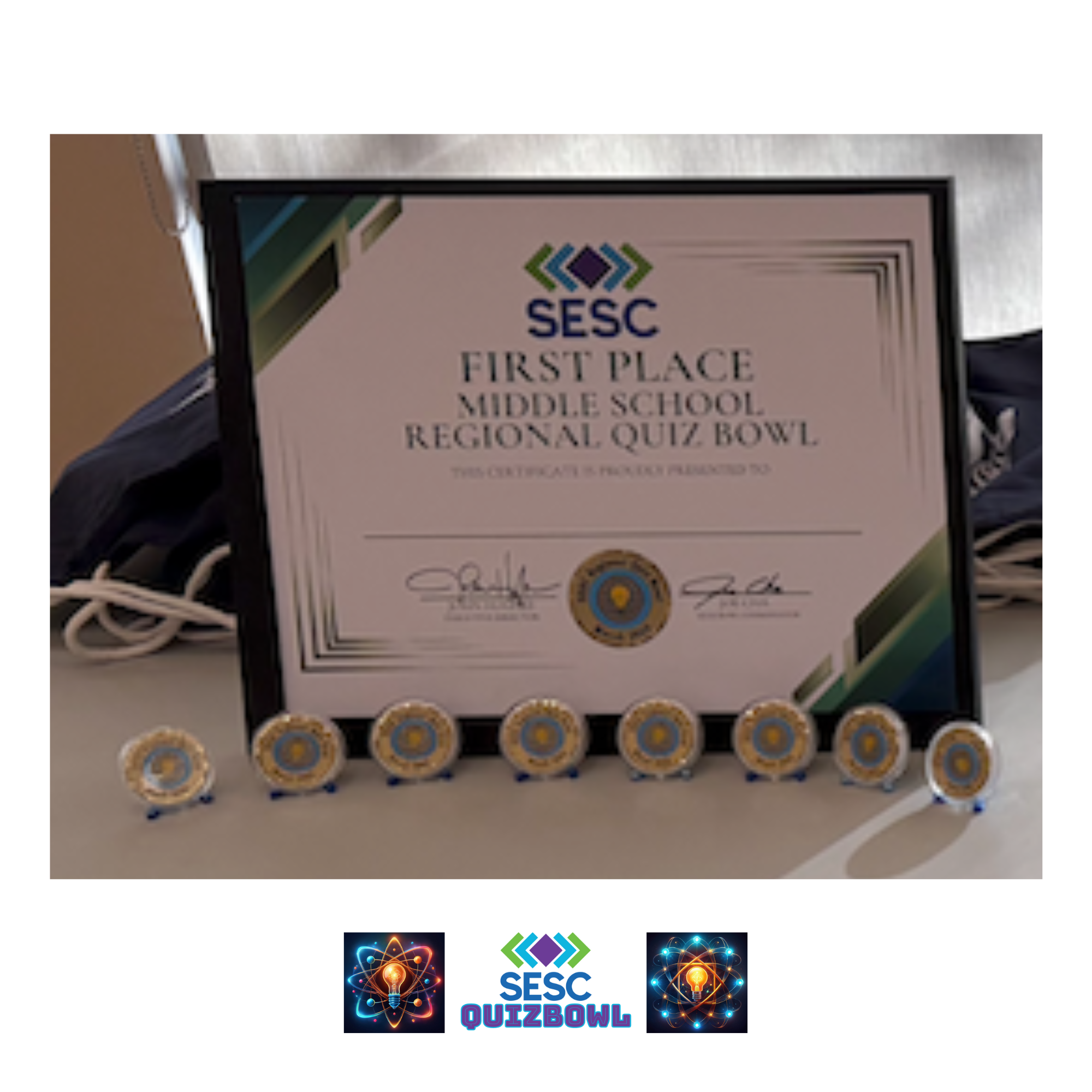 SESC 2025 Regional Quiz Bowl Middle School Challenge Coins and Certificates.