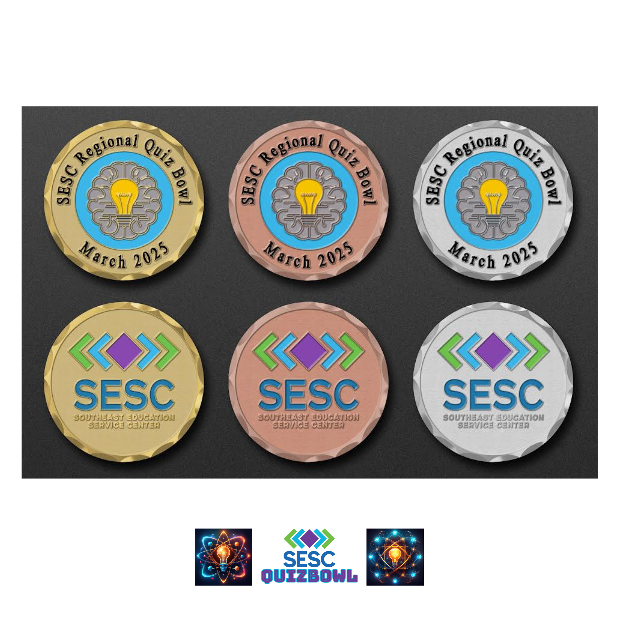 SESC 2025 Regional Meet Challenge Coins for 1st, 2nd, and 3rd place.