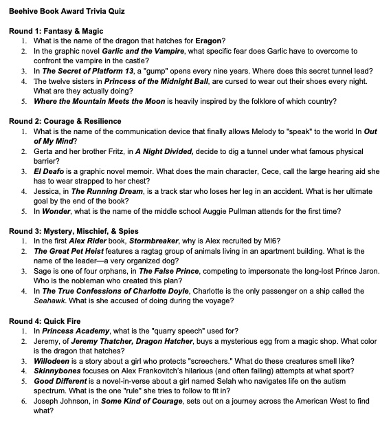 Bee Hive Book trivia