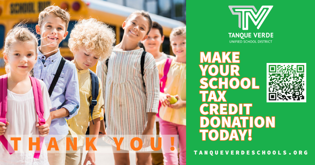 Image of a school building with a banner promoting tax credit donations, encouraging community support for educational programs.