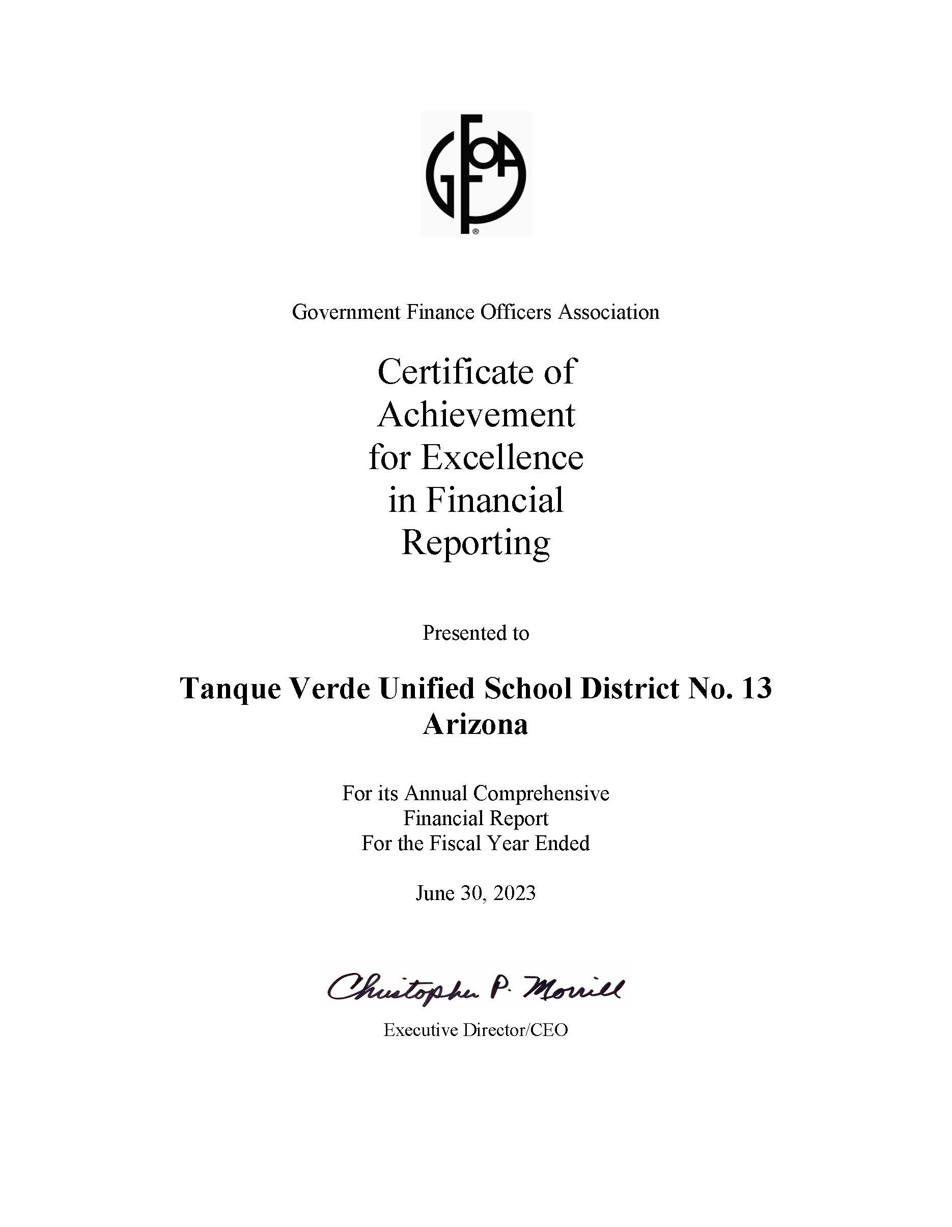 Certificate of achievement awarded for excellence in financial reporting, featuring a gold seal and decorative border.