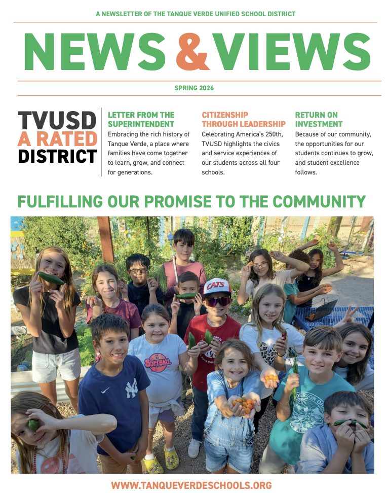 A newsletter page with a headline "NEWS & VIEWS SPRING 2024" and a photo of children holding cucumbers.