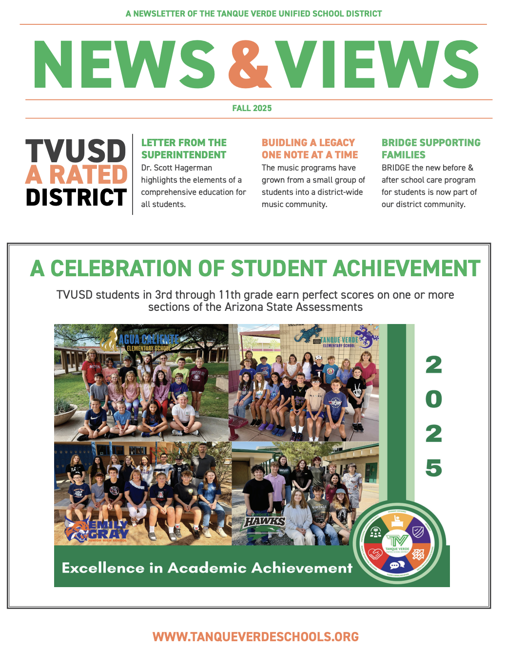 A newsletter cover features a collage of students and achievements. The text reads "News & Views" and "A Celebration of Student Achievement."