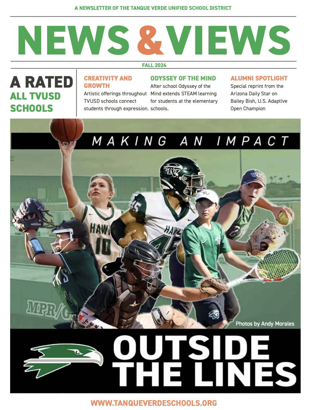 Magazine cover features a group of athletes in sports gear. Some are in motion. Title reads "News & Views".