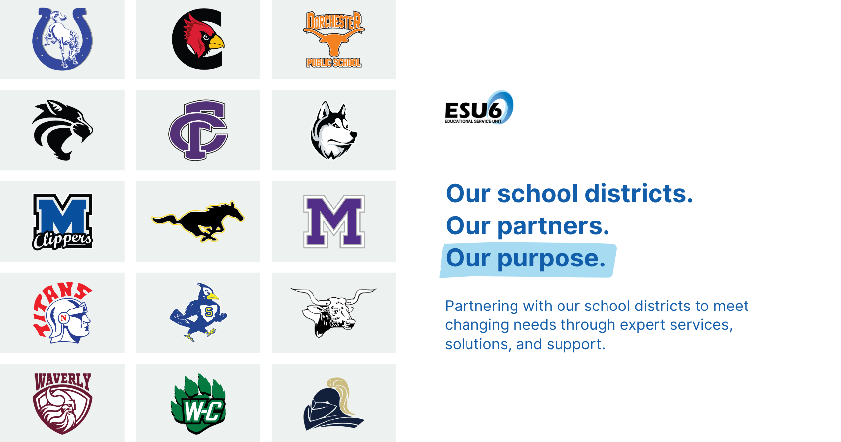 Logos of 16 school districts served by ESU 6, with the ESU 6 logo and tagline: "Our school districts. Our partners. Our purpose."