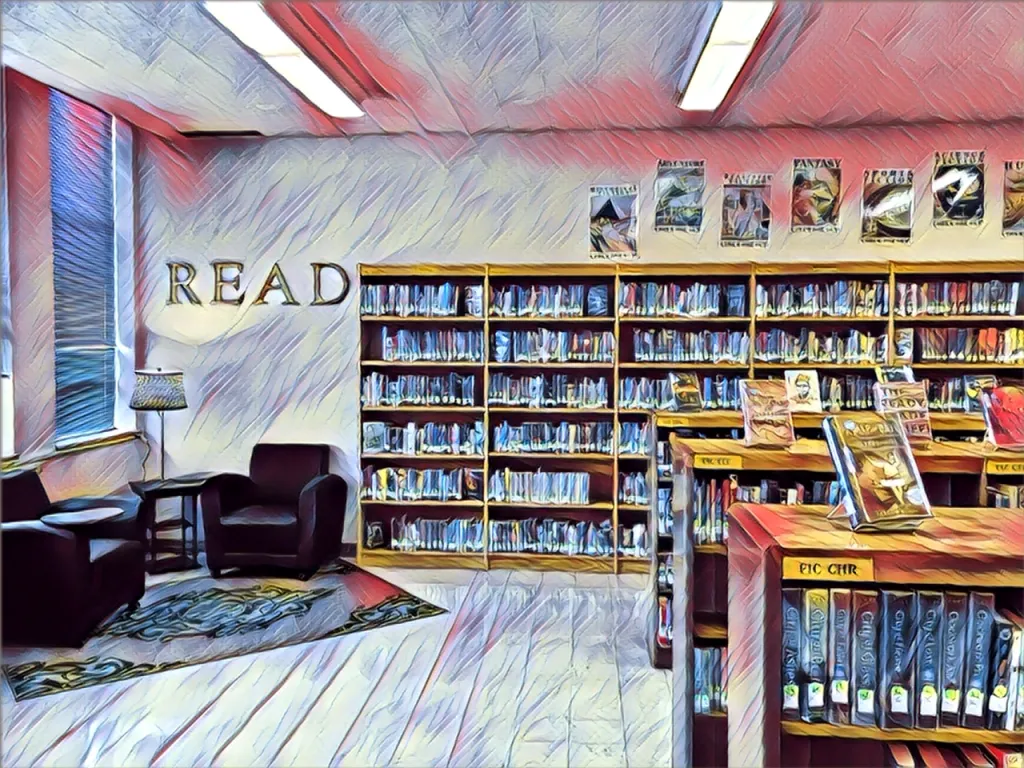 Artsy Library Picture; Picture of library with READ sign on the wall. 
