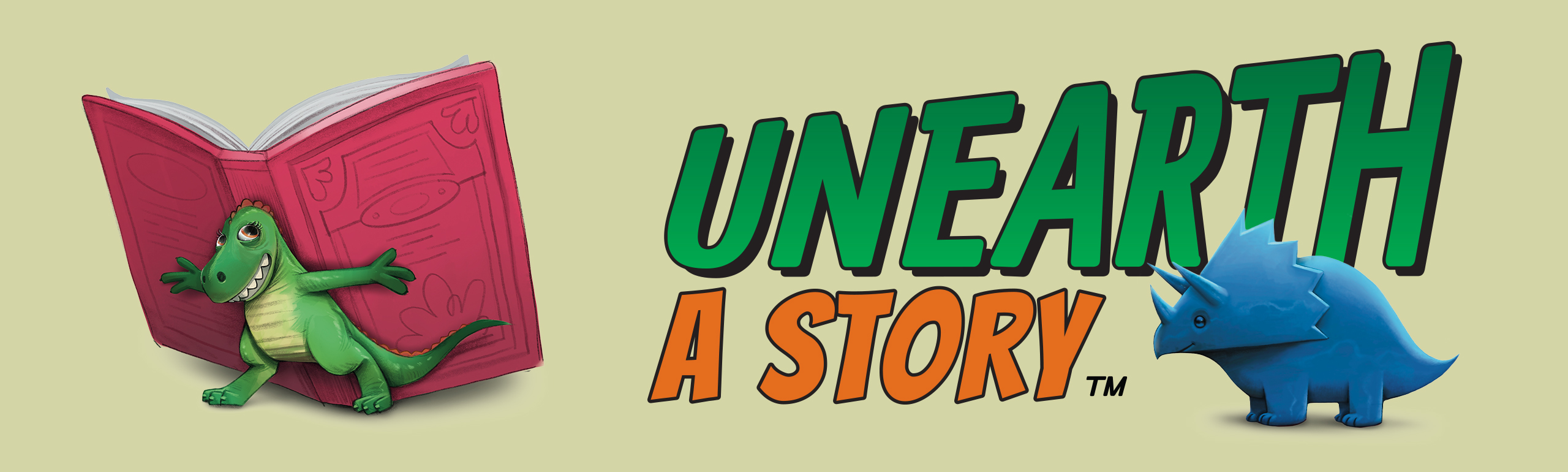 "Unearth a Story" with cartoon dinosaur clipart