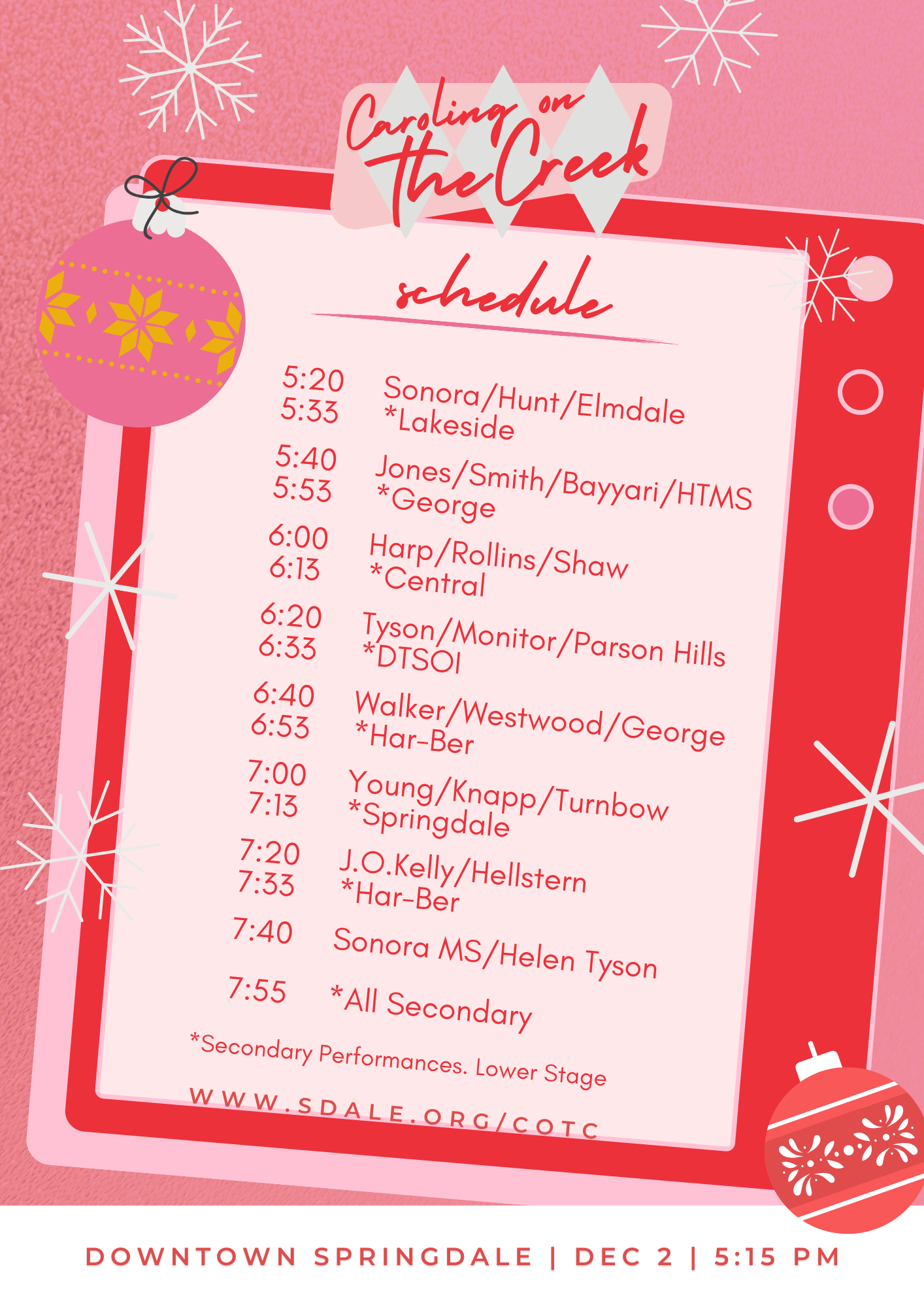 A graphic with a list of choirs and their performance times