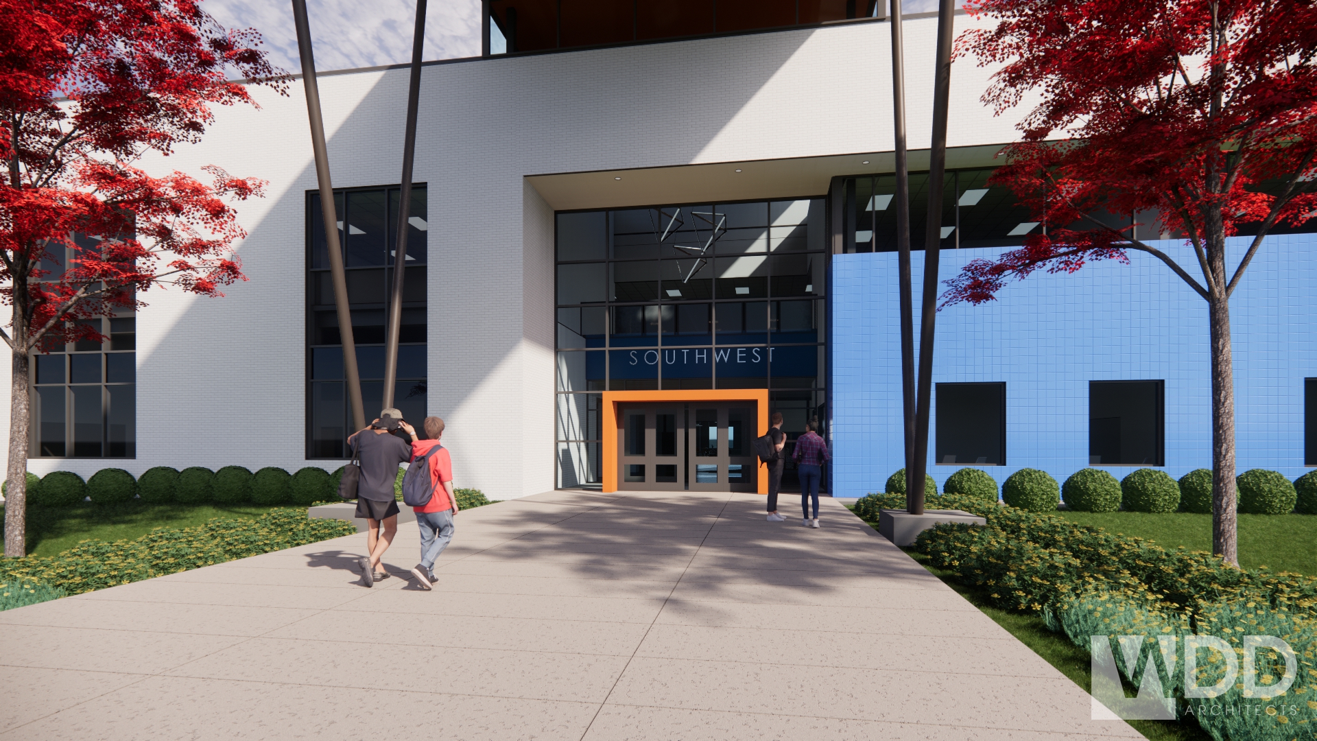Computer image of the entrance of southwest junior high
