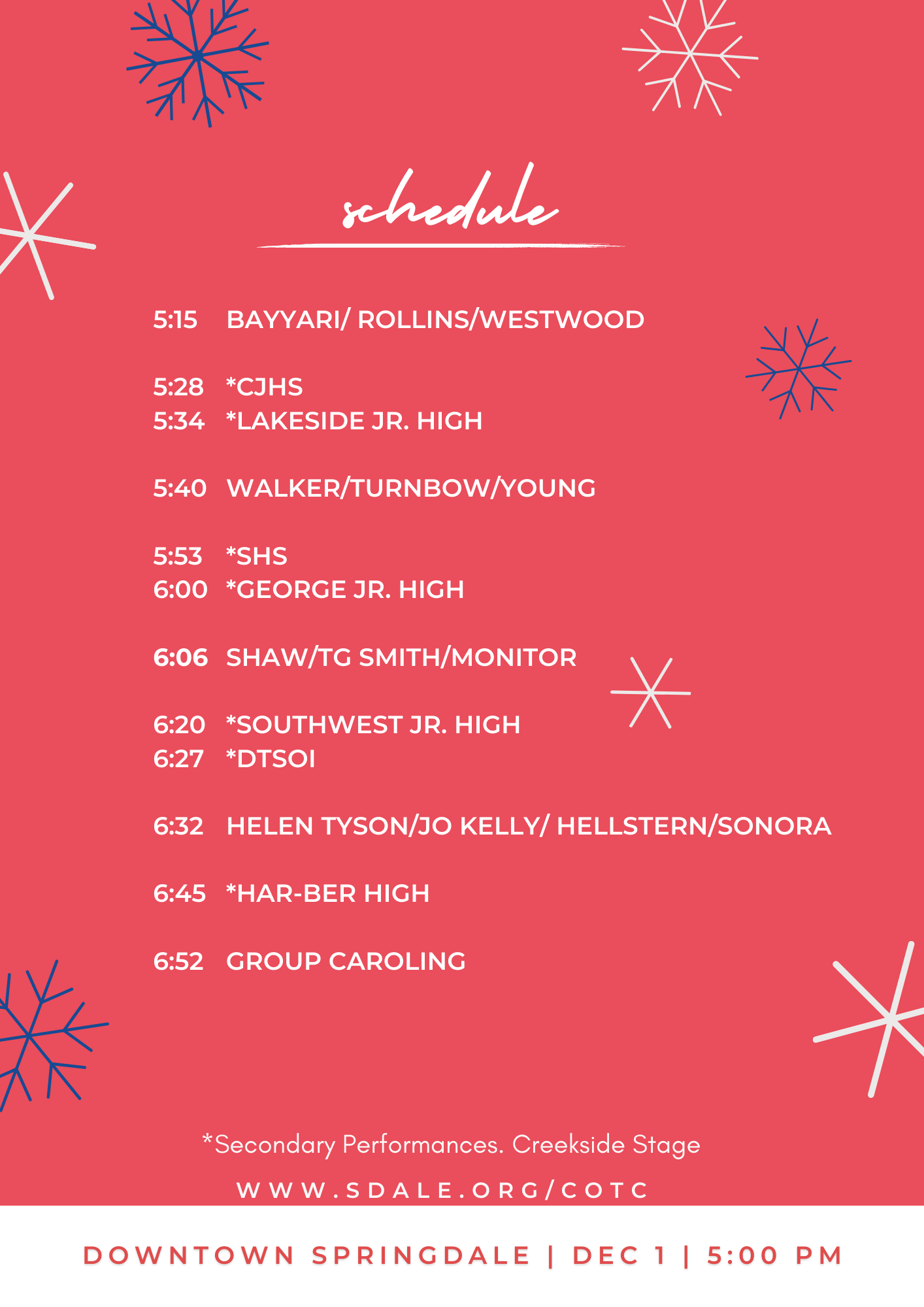 Springdale Schools Caroling on the Creek program schedule