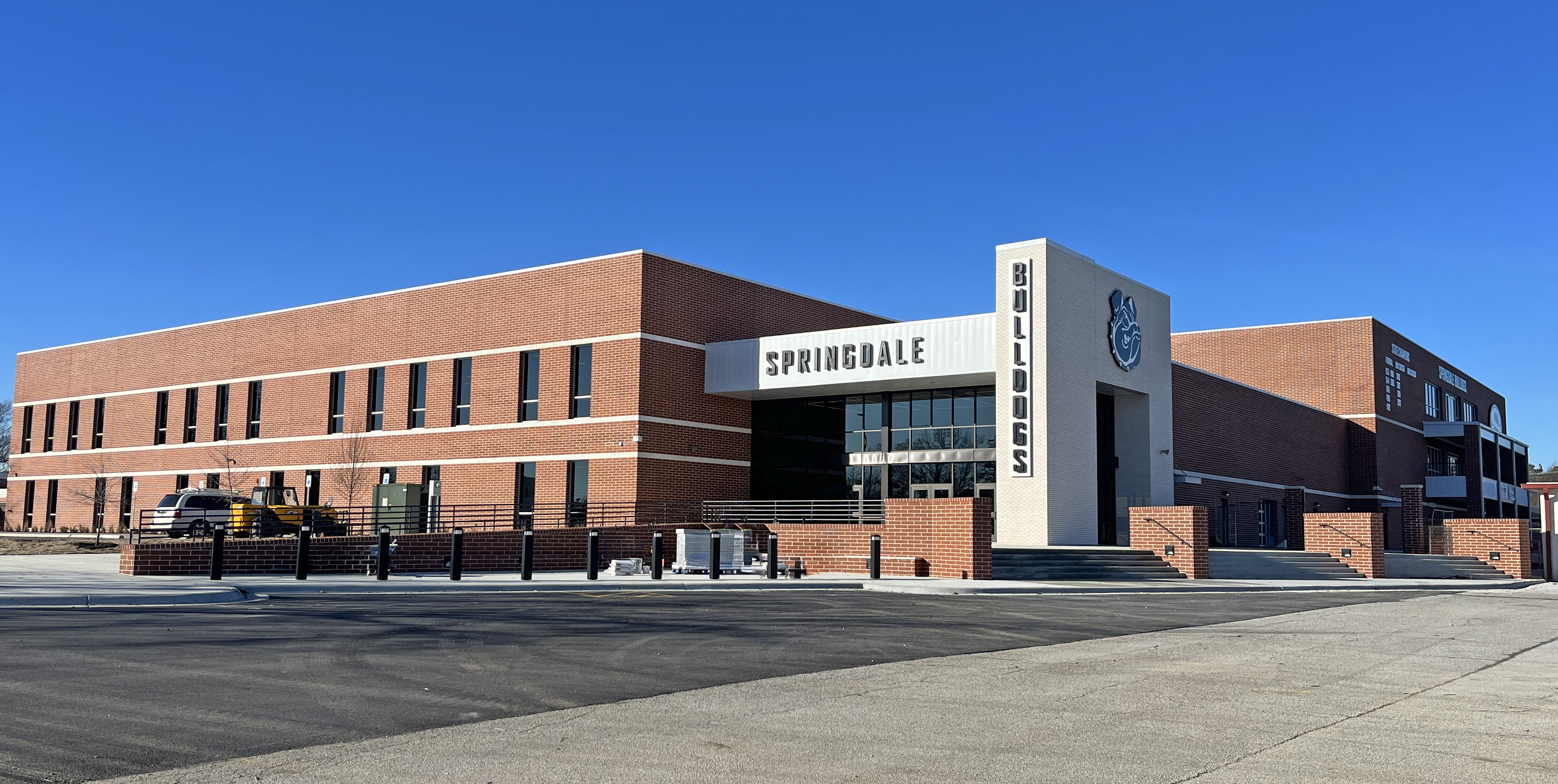 A wide shot of the facade of Springdale High School