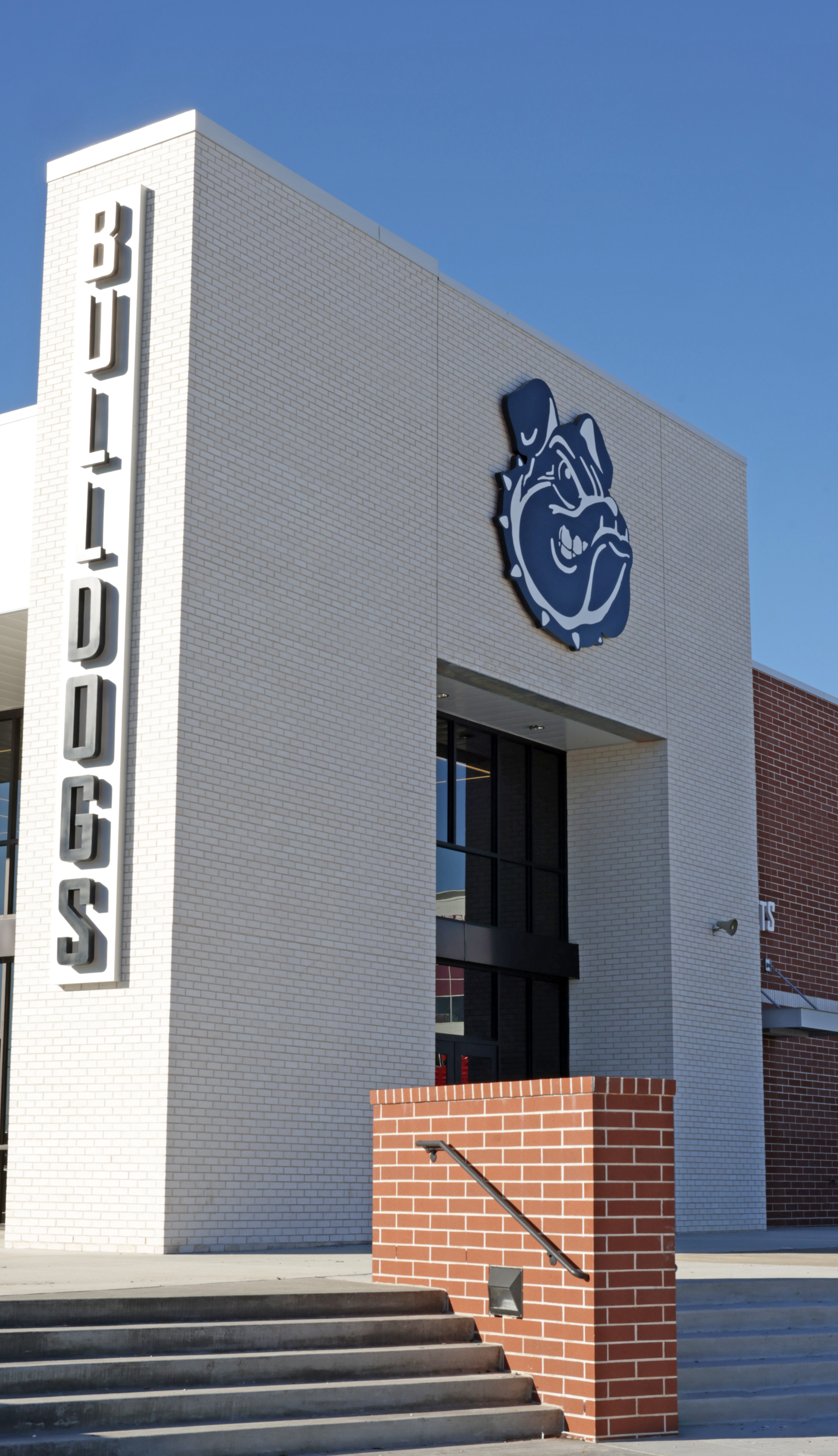 The new facade for Springdale High School. The bulldog mascot it prominently displayed.