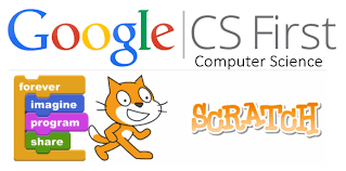 Google and Scratch Logo. Links to CS First with Google