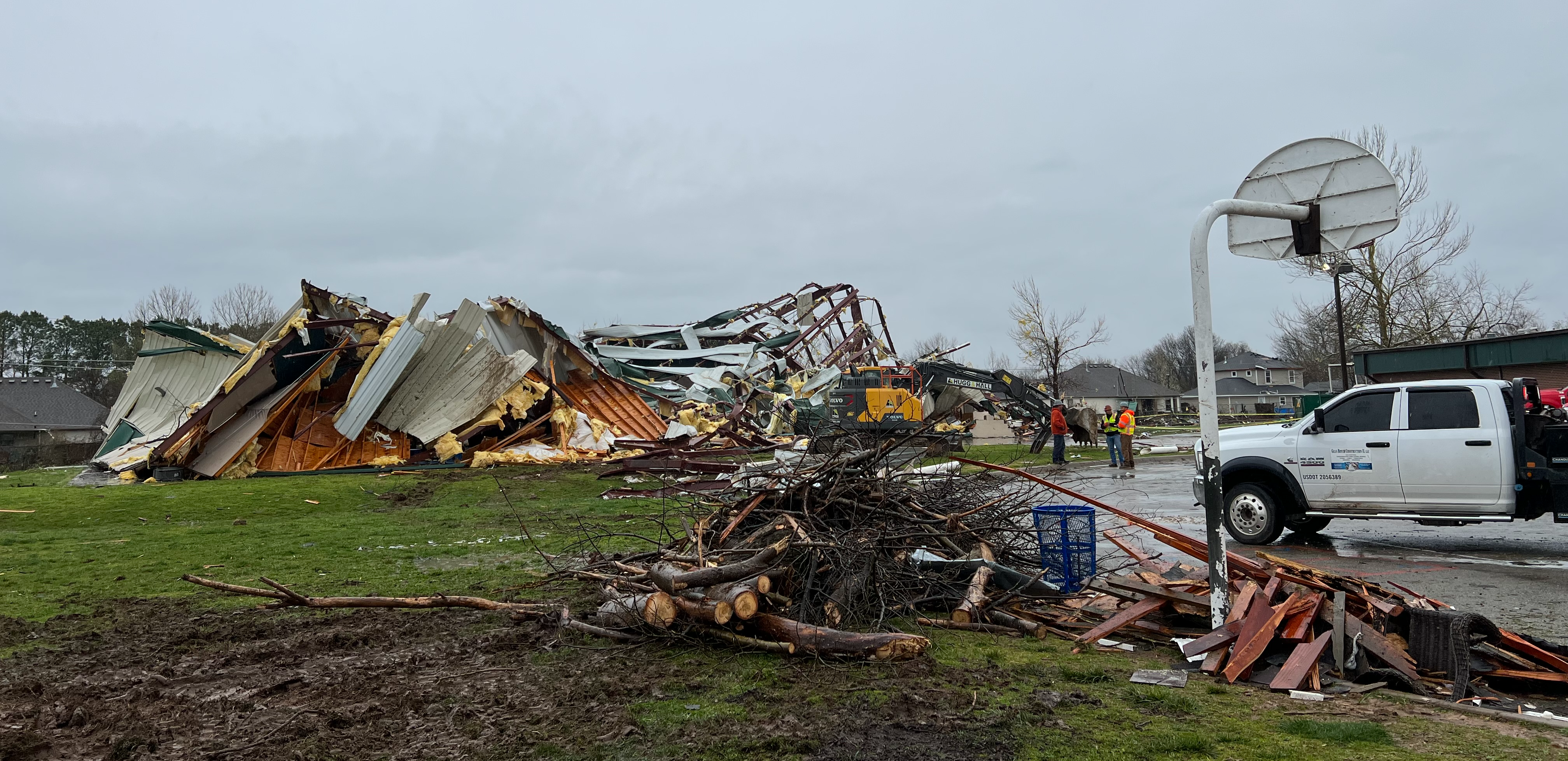 The aftermath of the tornado. The gym of George elementary and the rear exit to the building were impacted by the storm.