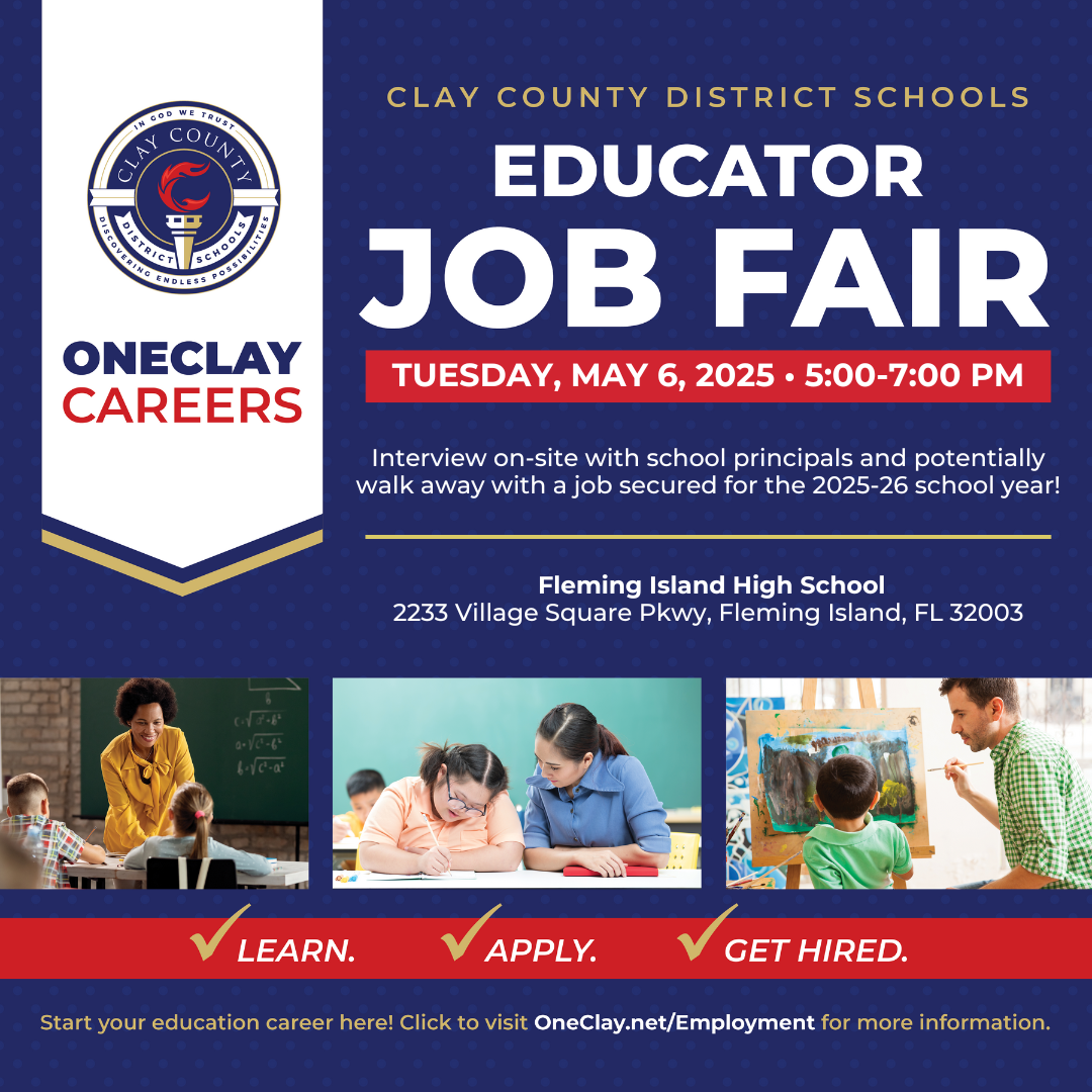 This flyer shows a teacher working with students and gives details about the upcoming educator job fair