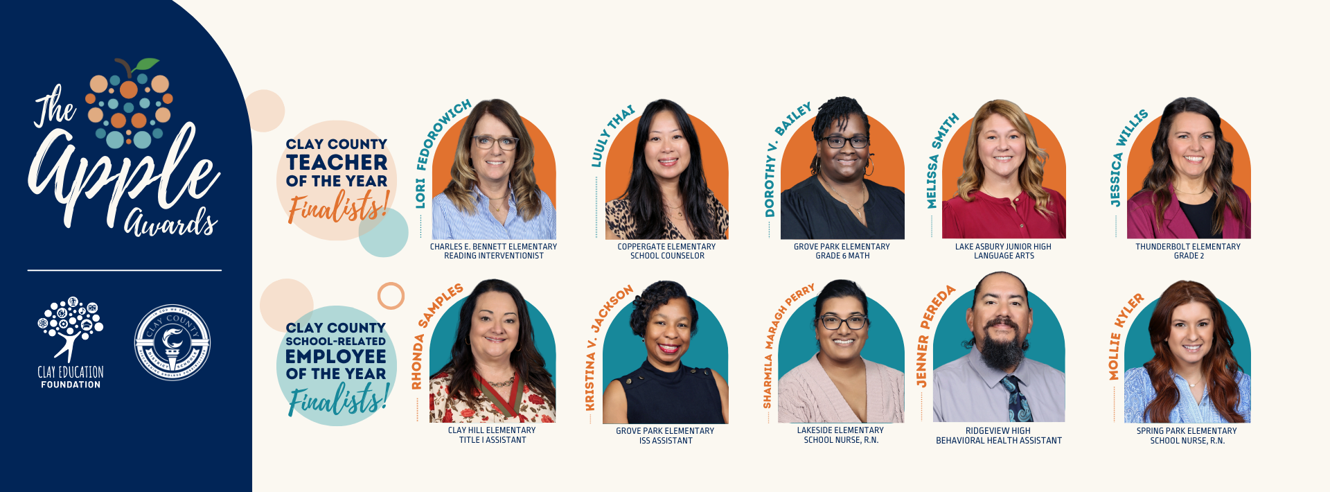 Headshots of Top 5 finalists for Teacher of the Year and School-Related Employee of the Year. 