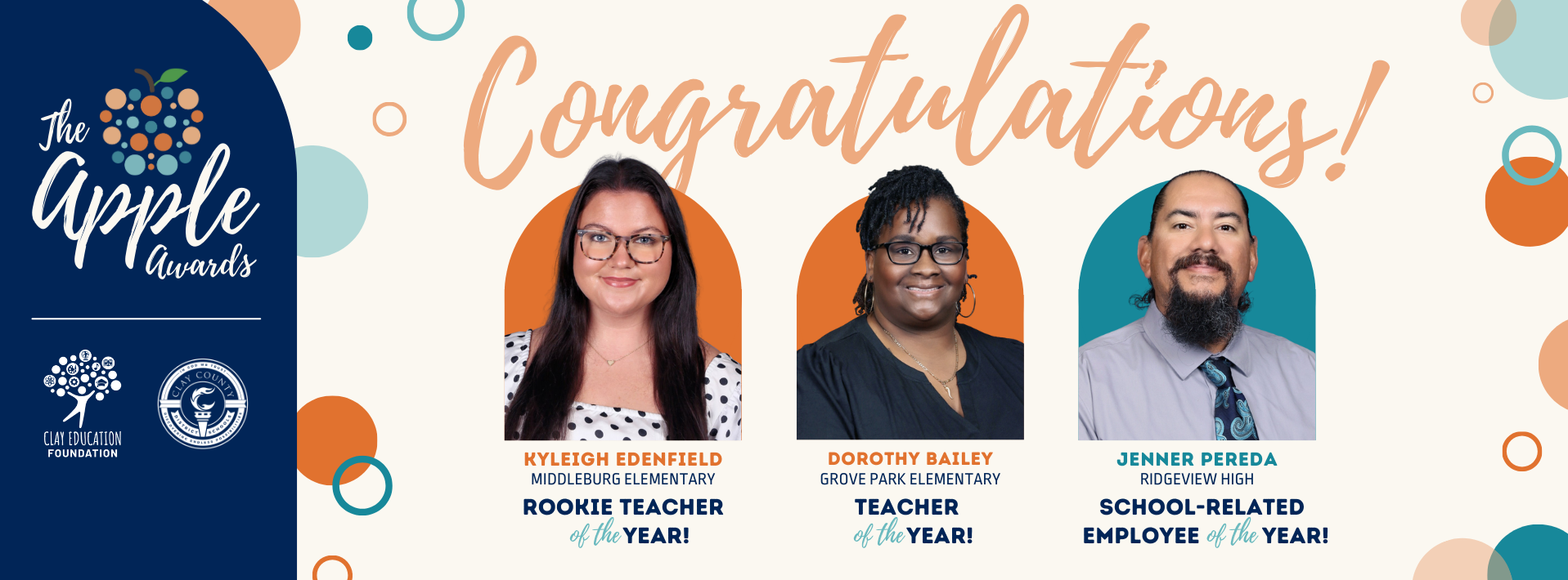 Headshots of for Teacher of the Year and School-Related Employee of the Year, and Rookie Teacher of the year.