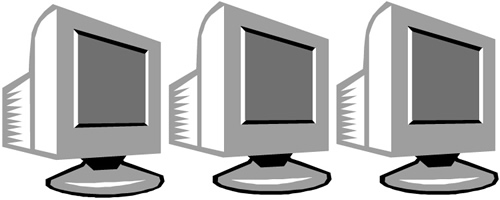 An illustration of three computer monitors arranged side by side, each with a simple design and a flat screen.
