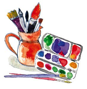 Watercolor painting depicting a paint pot surrounded by various paintbrushes on a textured background.