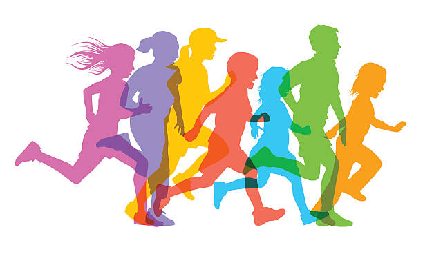 A colorful silhouette of a group of people running together, showcasing dynamic movement and energy.